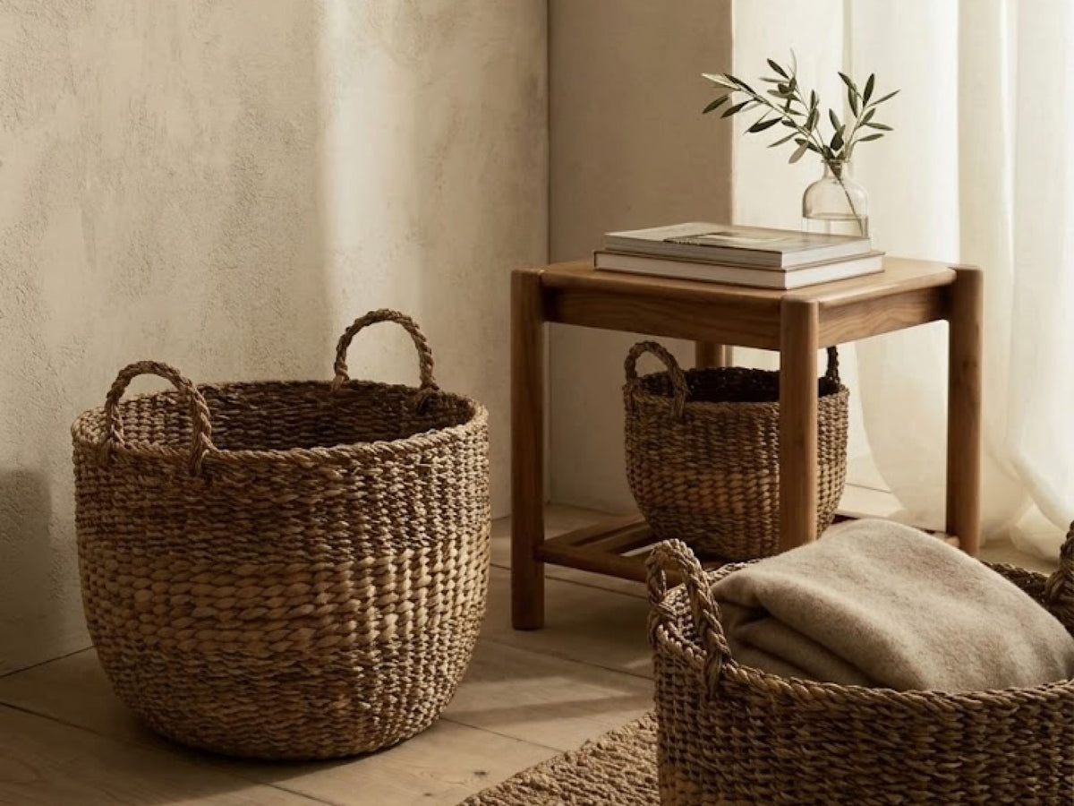 Mediterranean vacation rental with natural materials, warm neutral colors and elegant coastal decor