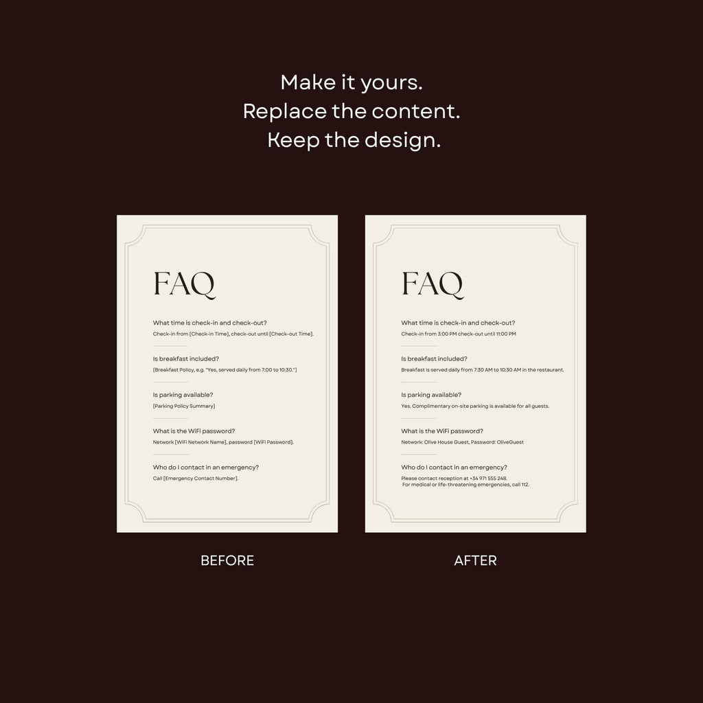 A4 portrait editable FAQ sign template for a boutique hotel featuring common guest questions and customisable property information.