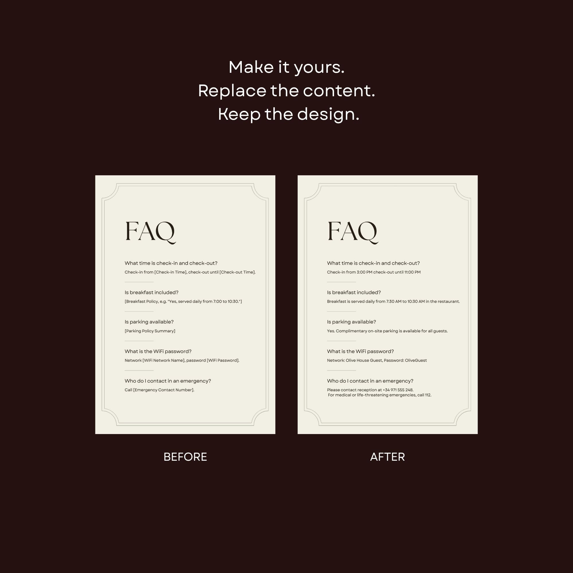 A4 portrait editable FAQ sign template for a boutique hotel featuring common guest questions and customisable property information.