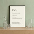 A4 portrait editable FAQ sign template for a boutique hotel featuring common guest questions and customisable property information.