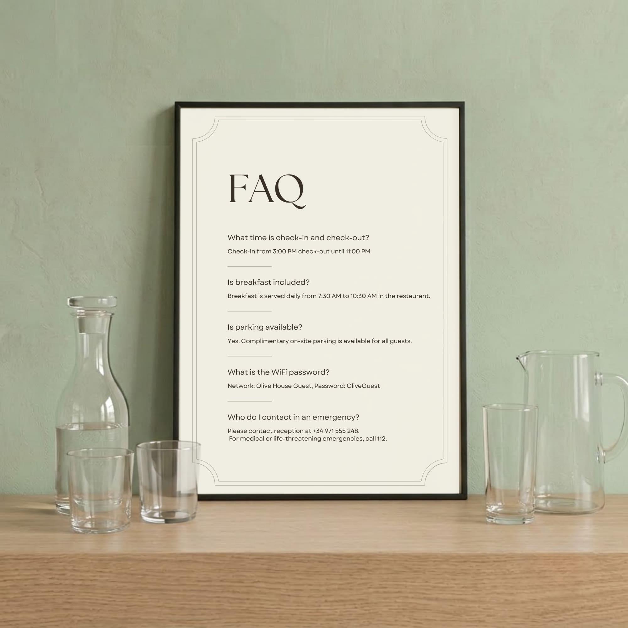 A4 portrait editable FAQ sign template for a boutique hotel featuring common guest questions and customisable property information.