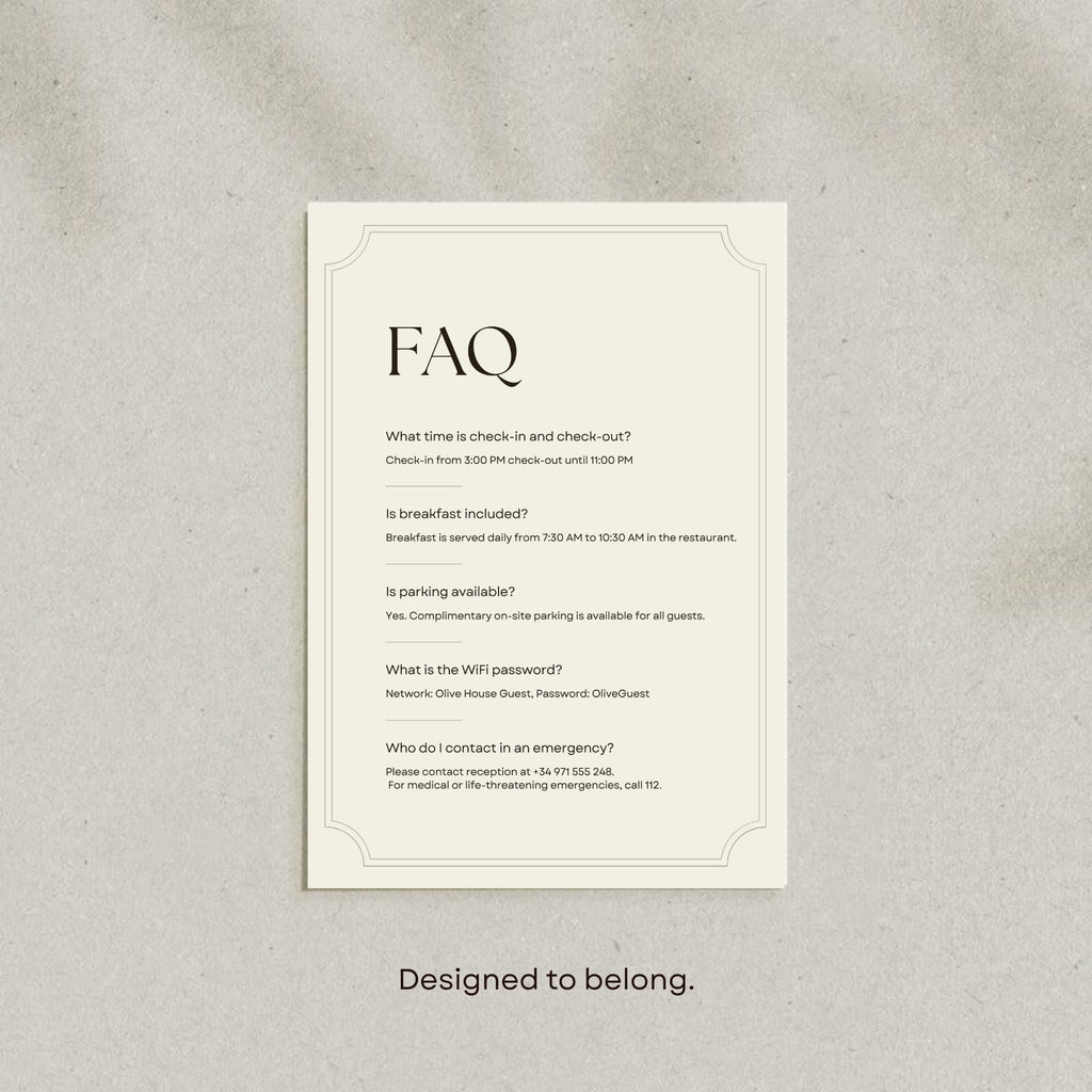 A4 portrait editable FAQ sign template for a boutique hotel featuring common guest questions and customisable property information.