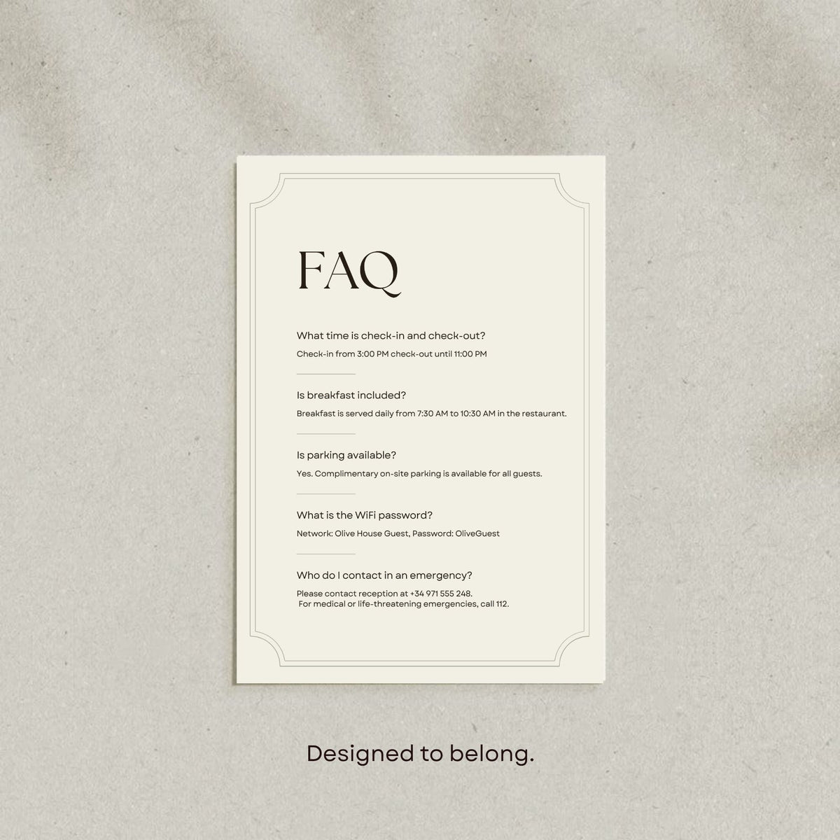 A4 portrait editable FAQ sign template for a boutique hotel featuring common guest questions and customisable property information.