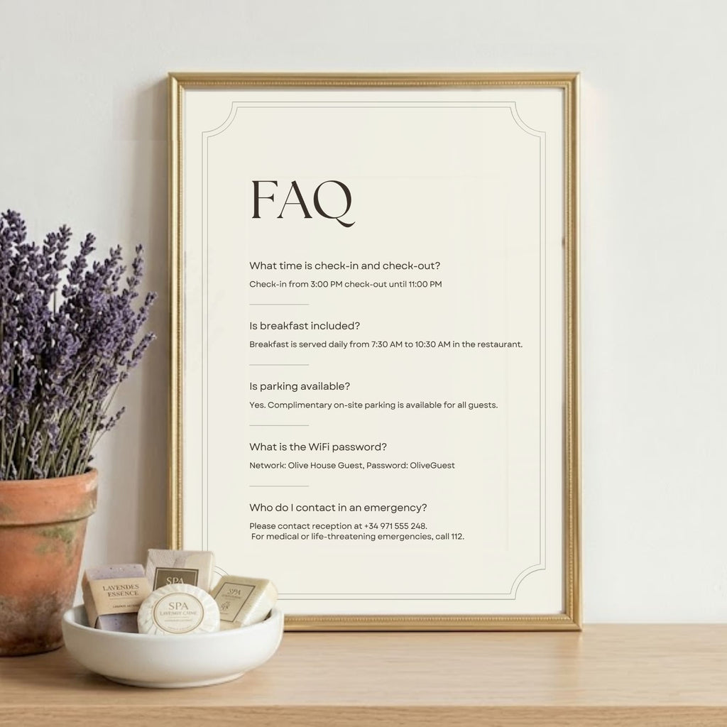 A4 portrait editable FAQ sign template for a boutique hotel featuring common guest questions and customisable property information.