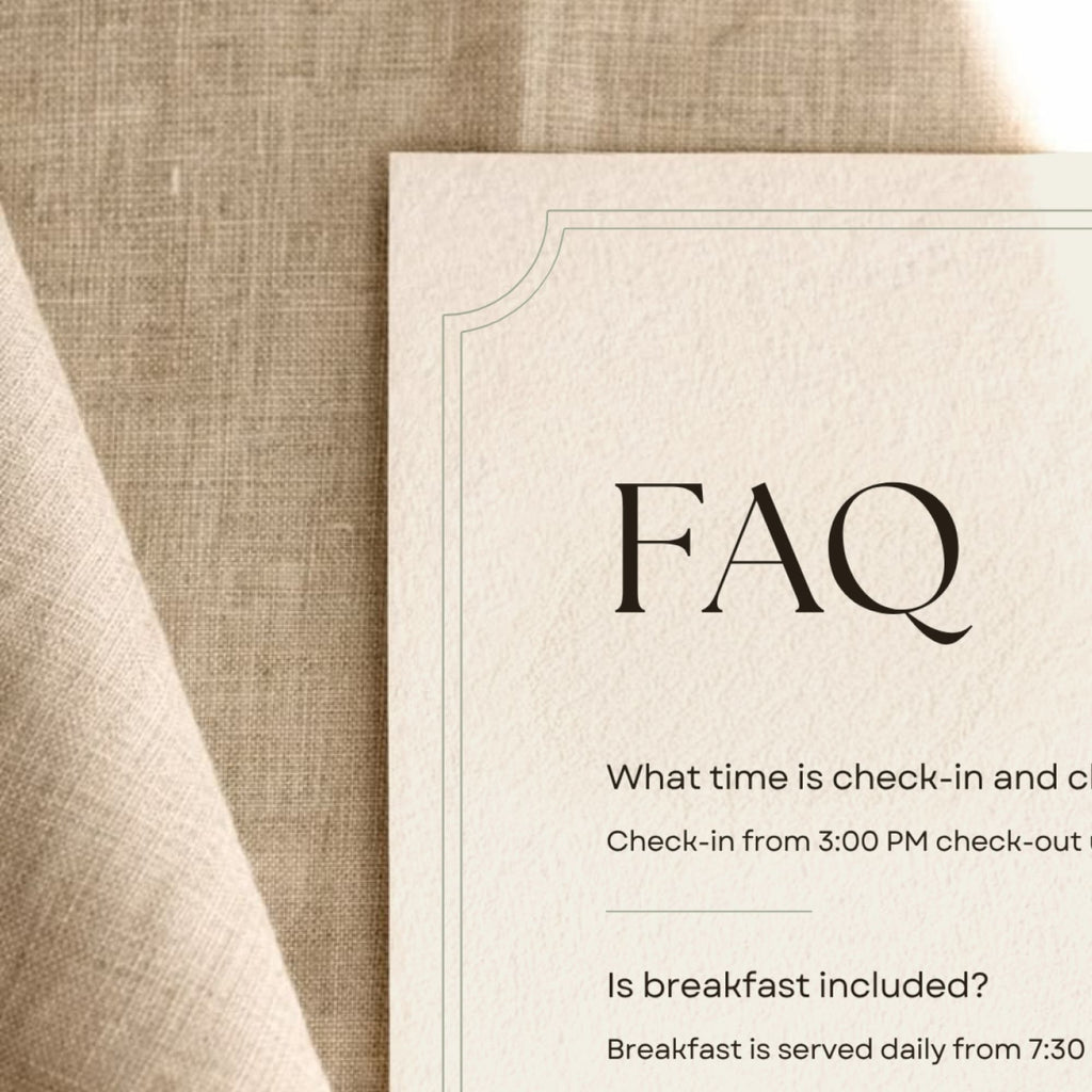 A4 portrait editable FAQ sign template for a boutique hotel featuring common guest questions and customisable property information.
