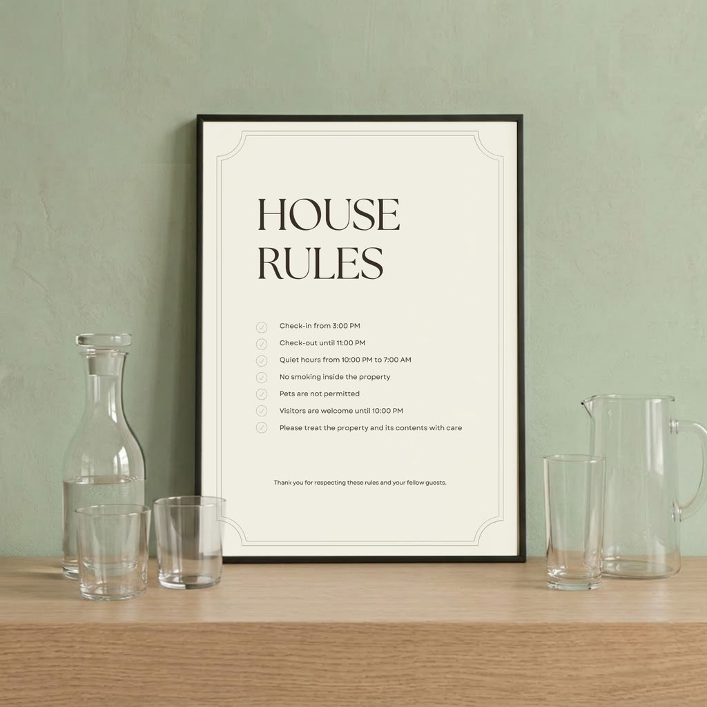 A4 portrait editable house rules sign template for a boutique hotel.