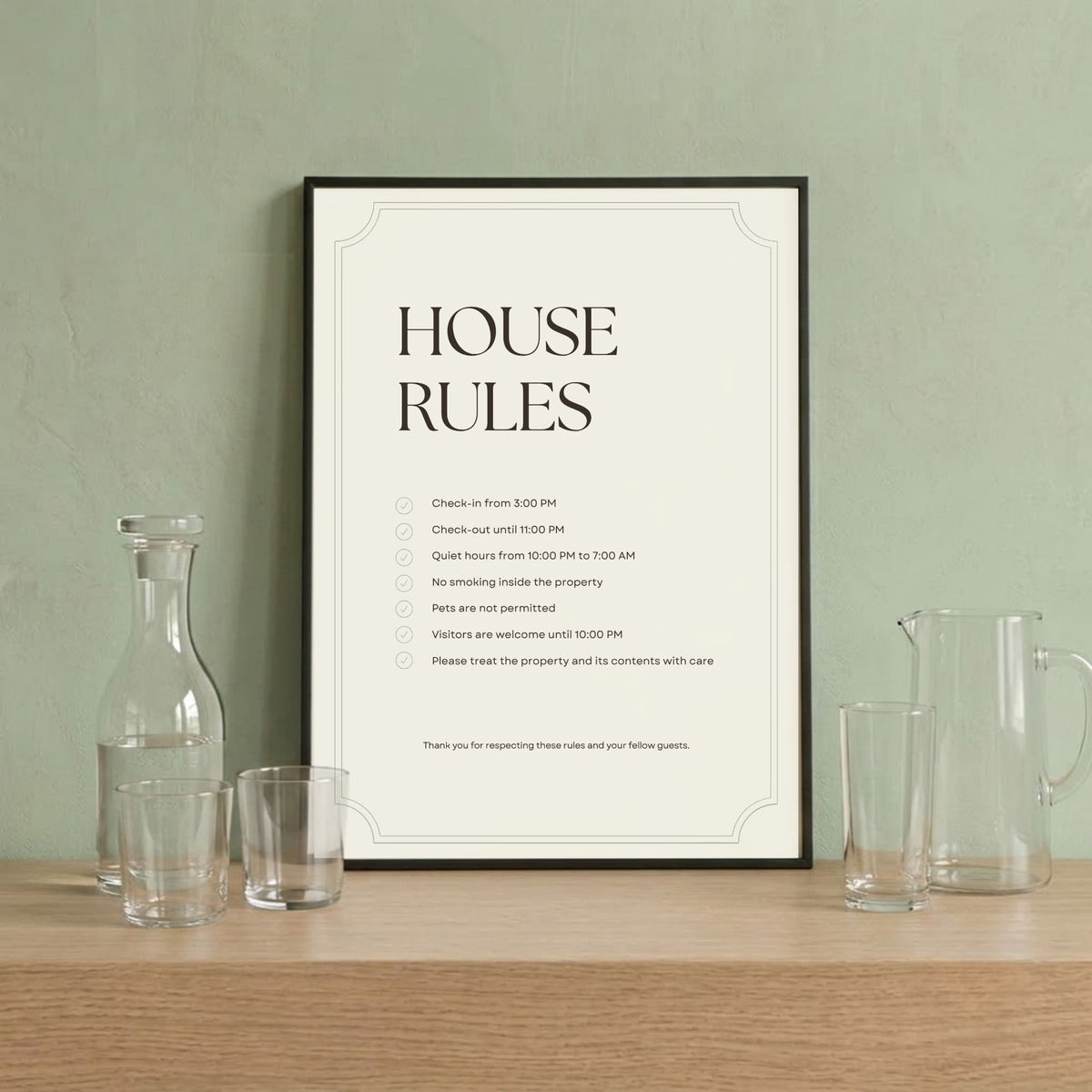 A4 portrait editable house rules sign template for a boutique hotel.