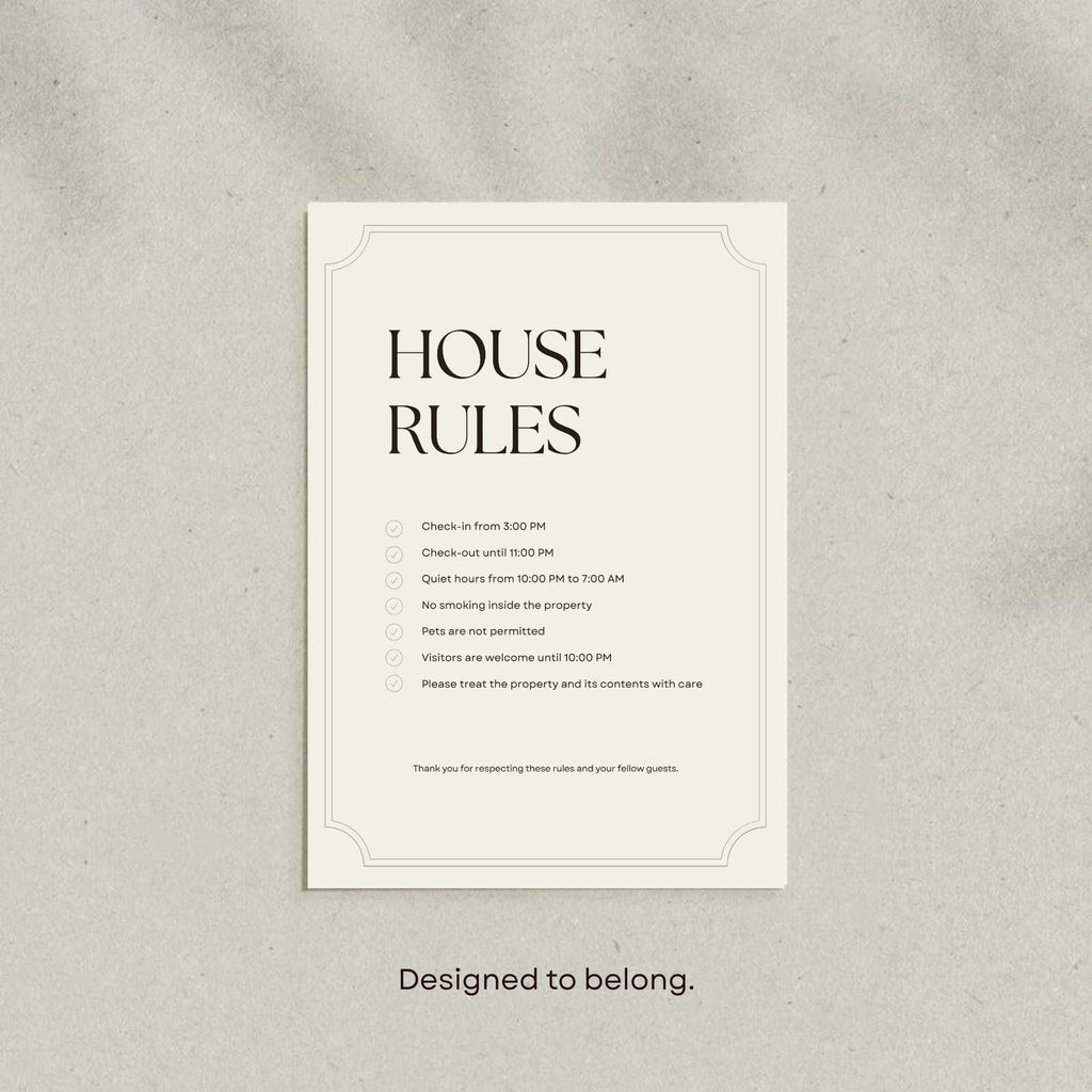 House rules sign Canva template with customisable guest guidelines.