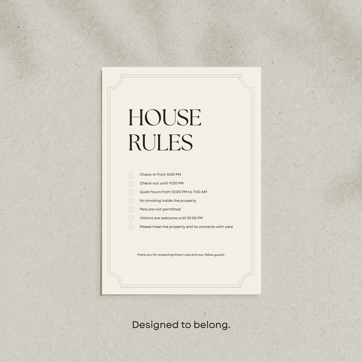 House rules sign Canva template with customisable guest guidelines.