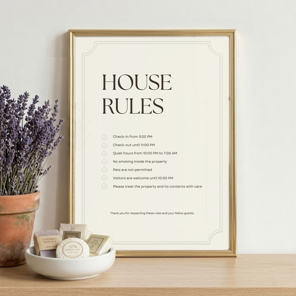 Hotel house rules sign with customisable property guidelines.