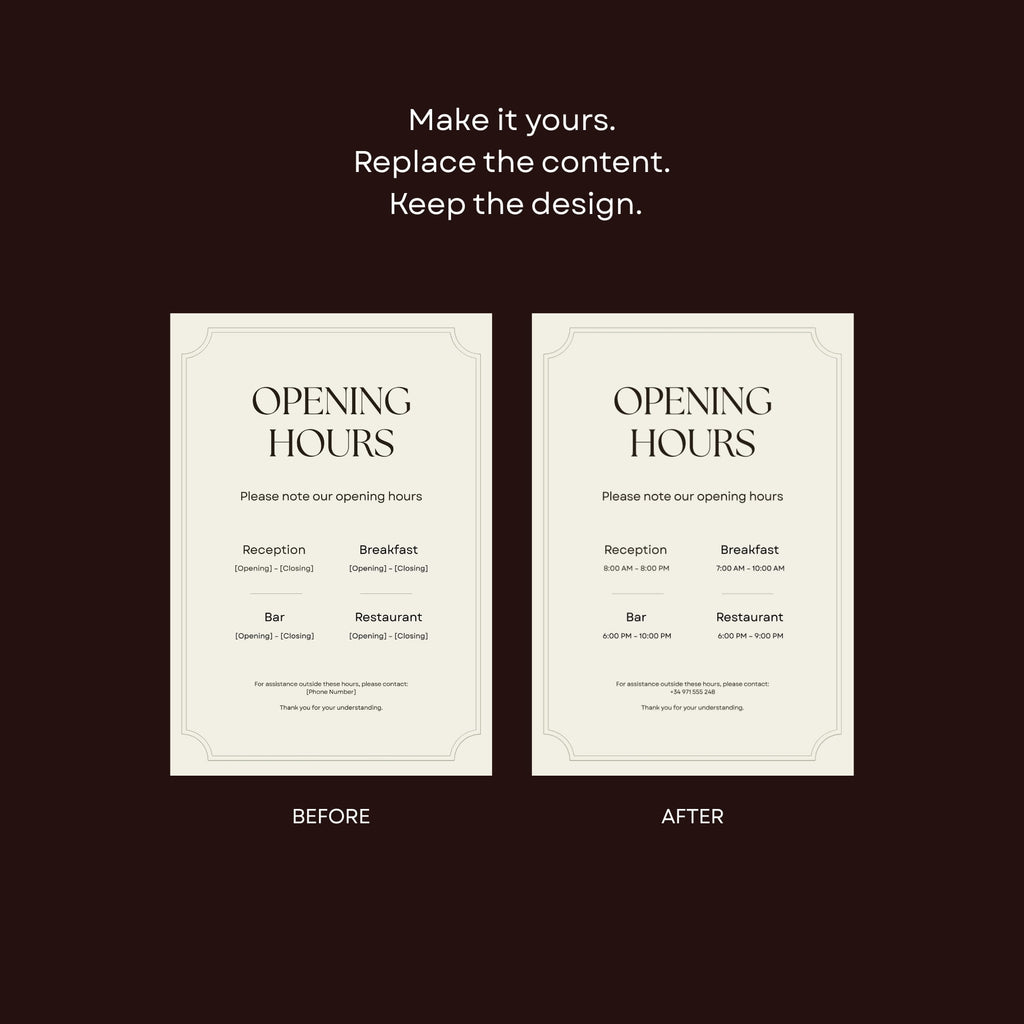 A4 portrait opening hours sign for hotel guest information.