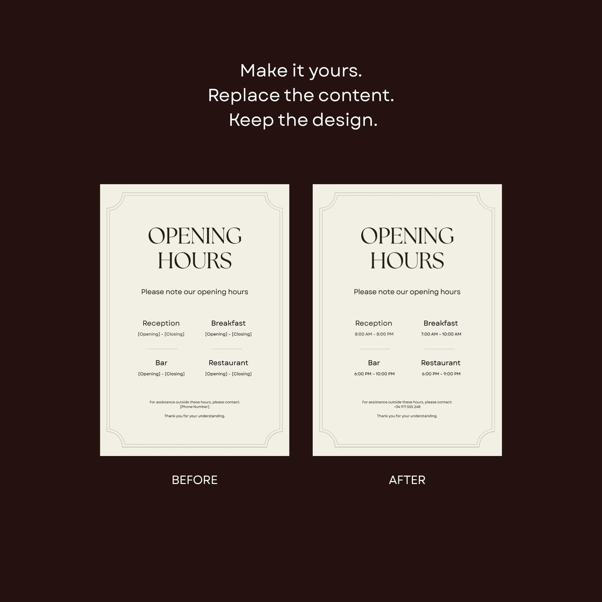 A4 portrait opening hours sign for hotel guest information.