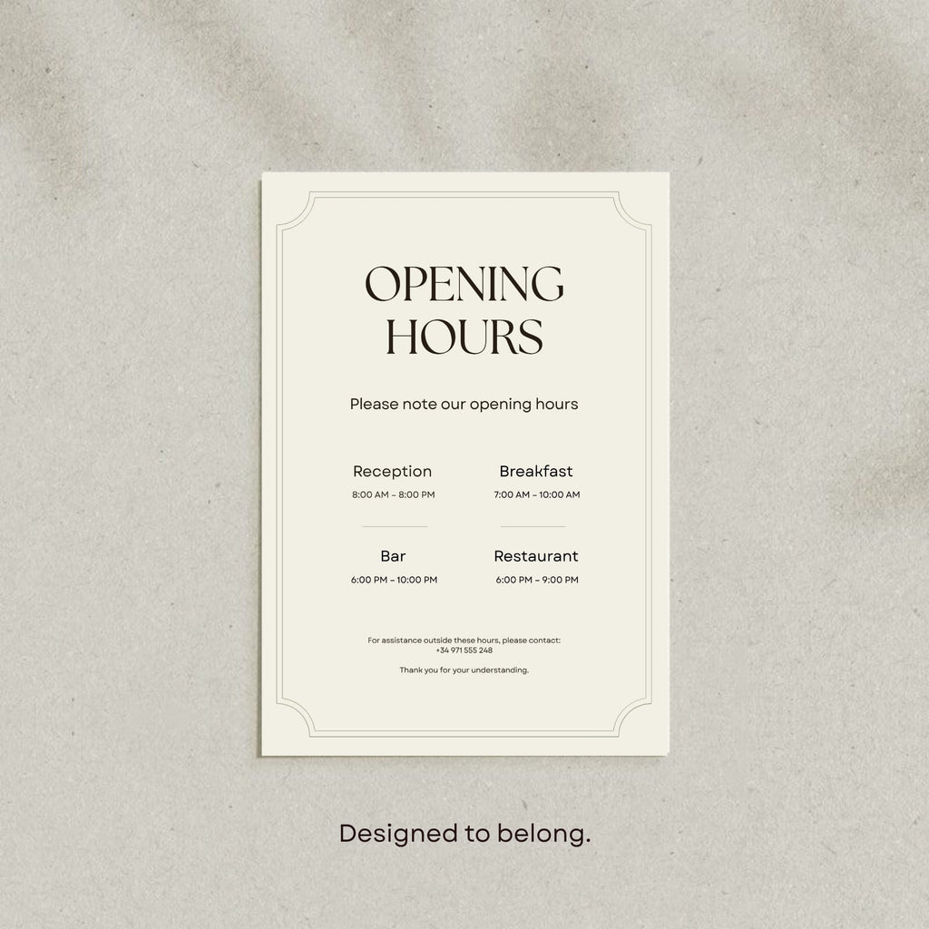 Opening hours sign Canva template for a boutique hotel reception.