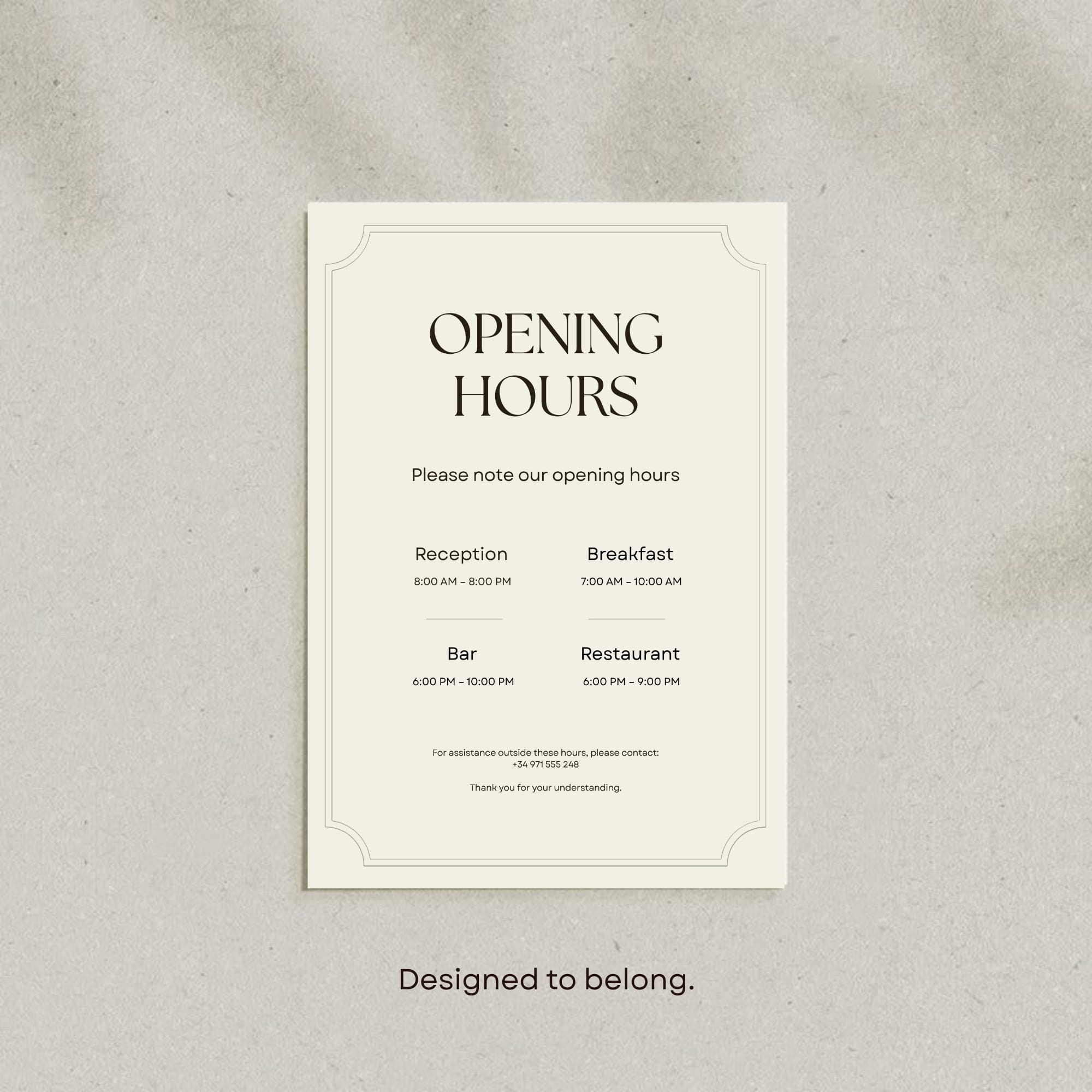 Opening hours sign Canva template for a boutique hotel reception.