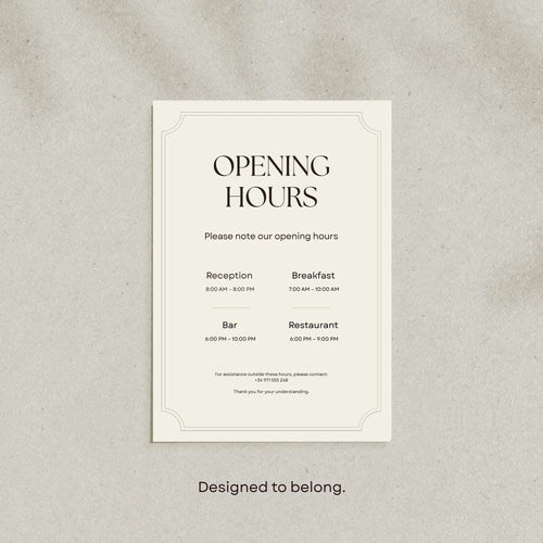 Opening hours sign Canva template for a boutique hotel reception.