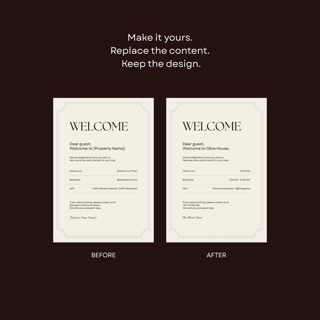 Hotel welcome sign with customisable property name.