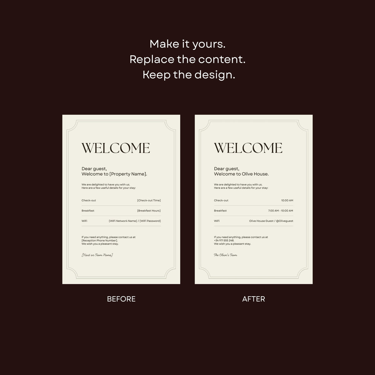 Hotel welcome sign with customisable property name.