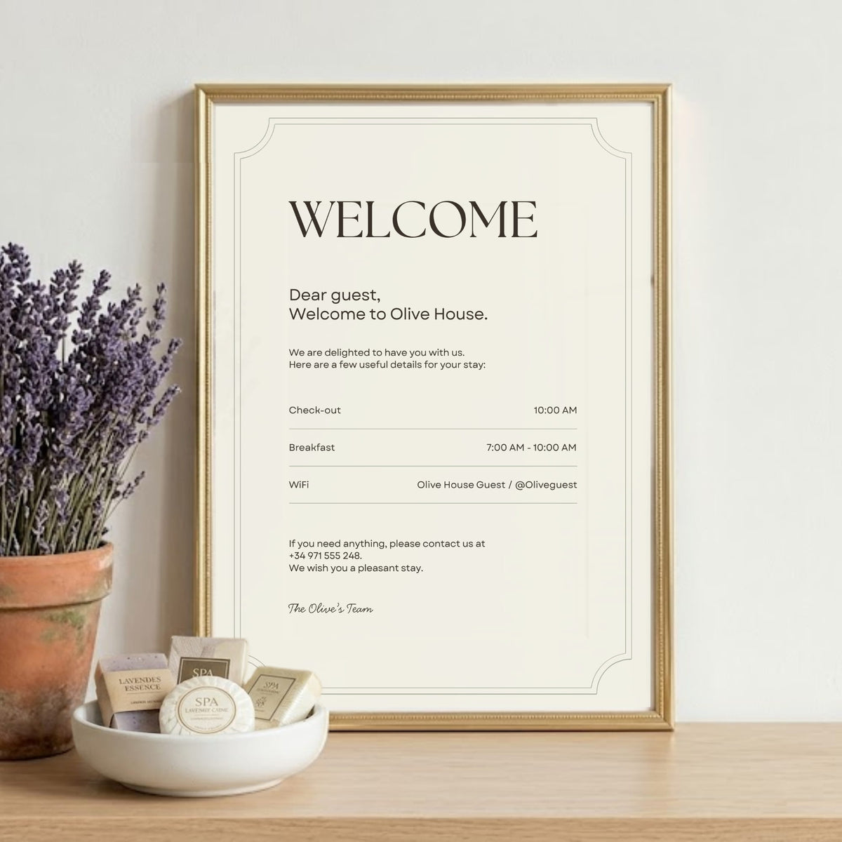 A4 portrait editable welcome sign template for a boutique hotel.