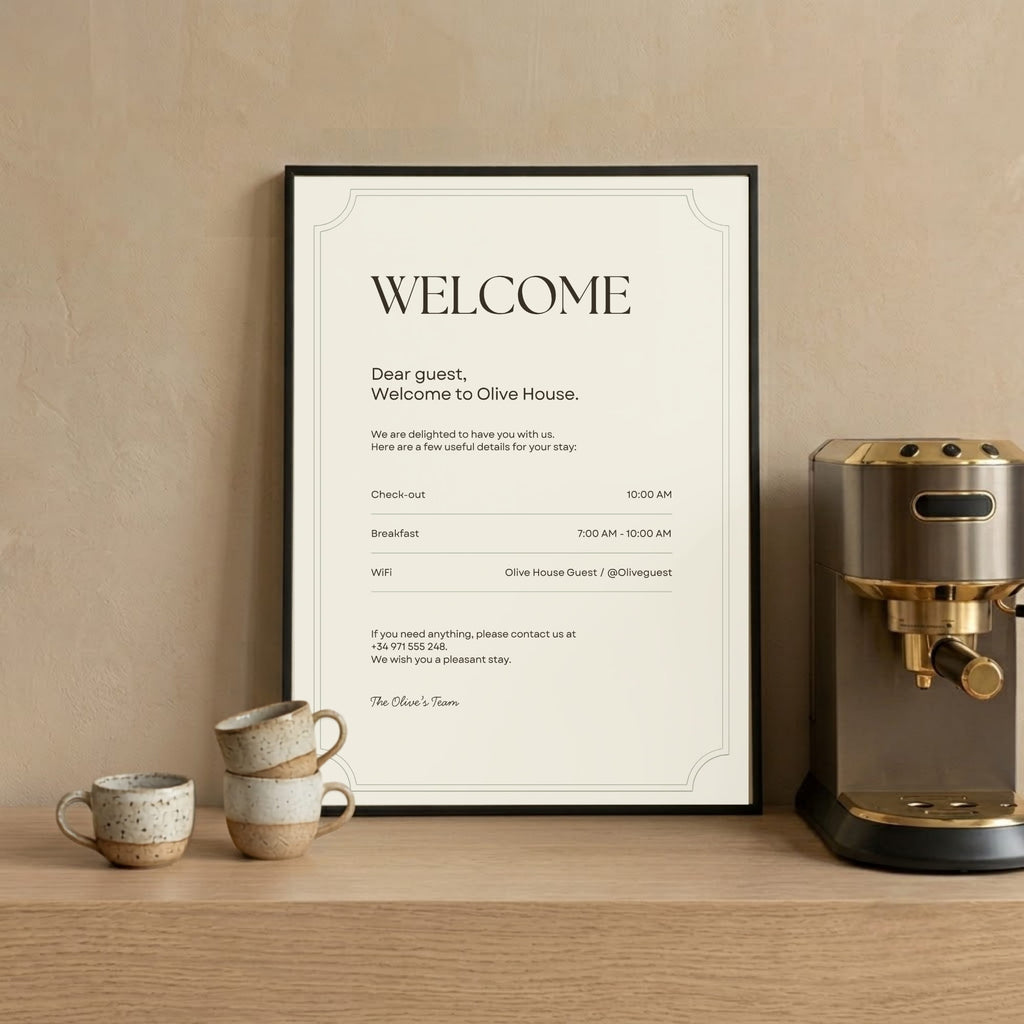 Printable welcome sign template for boutique hotels.