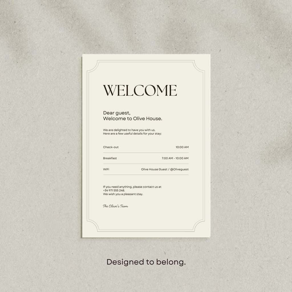 Welcome sign Canva template for a boutique hotel entrance.