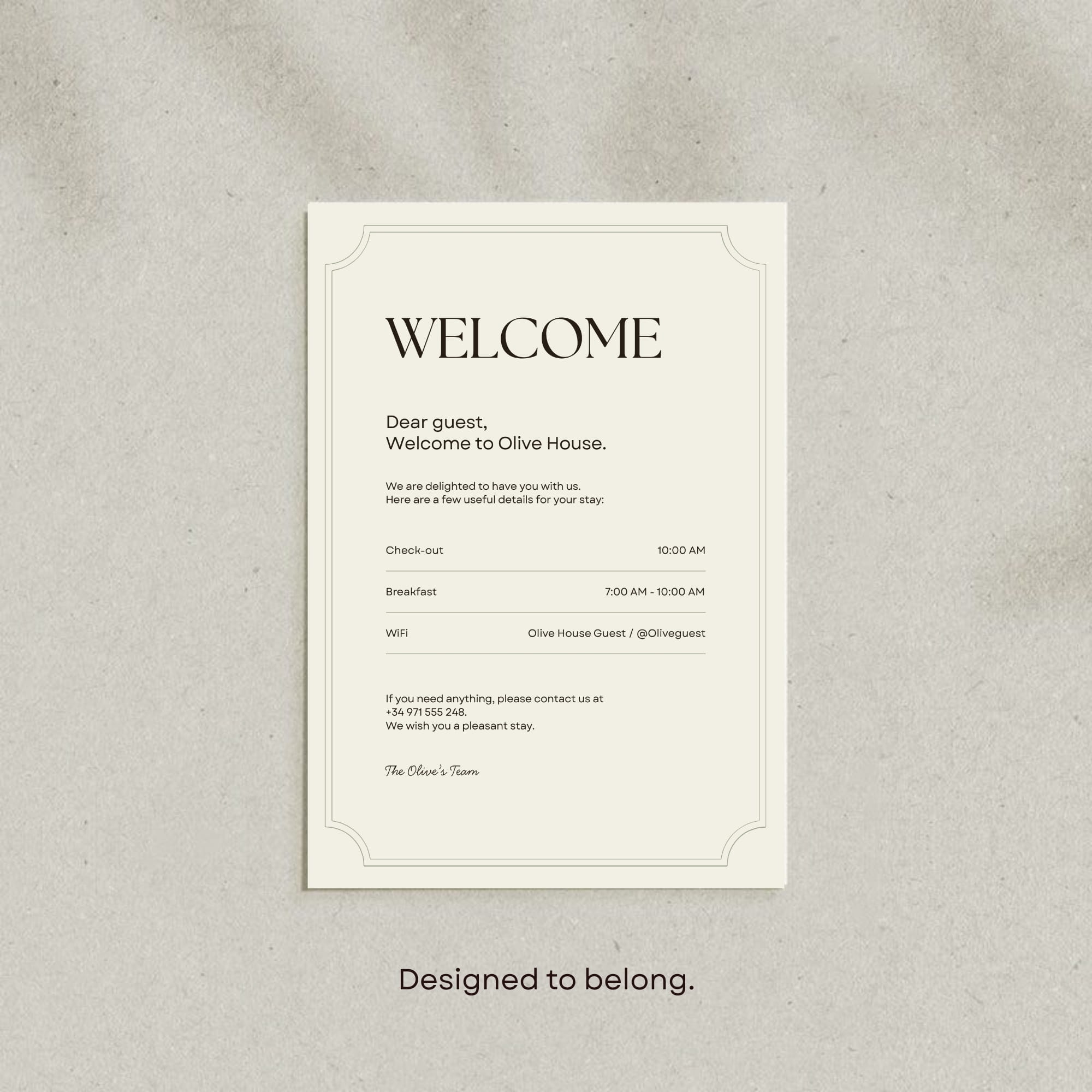 Welcome sign Canva template for a boutique hotel entrance.