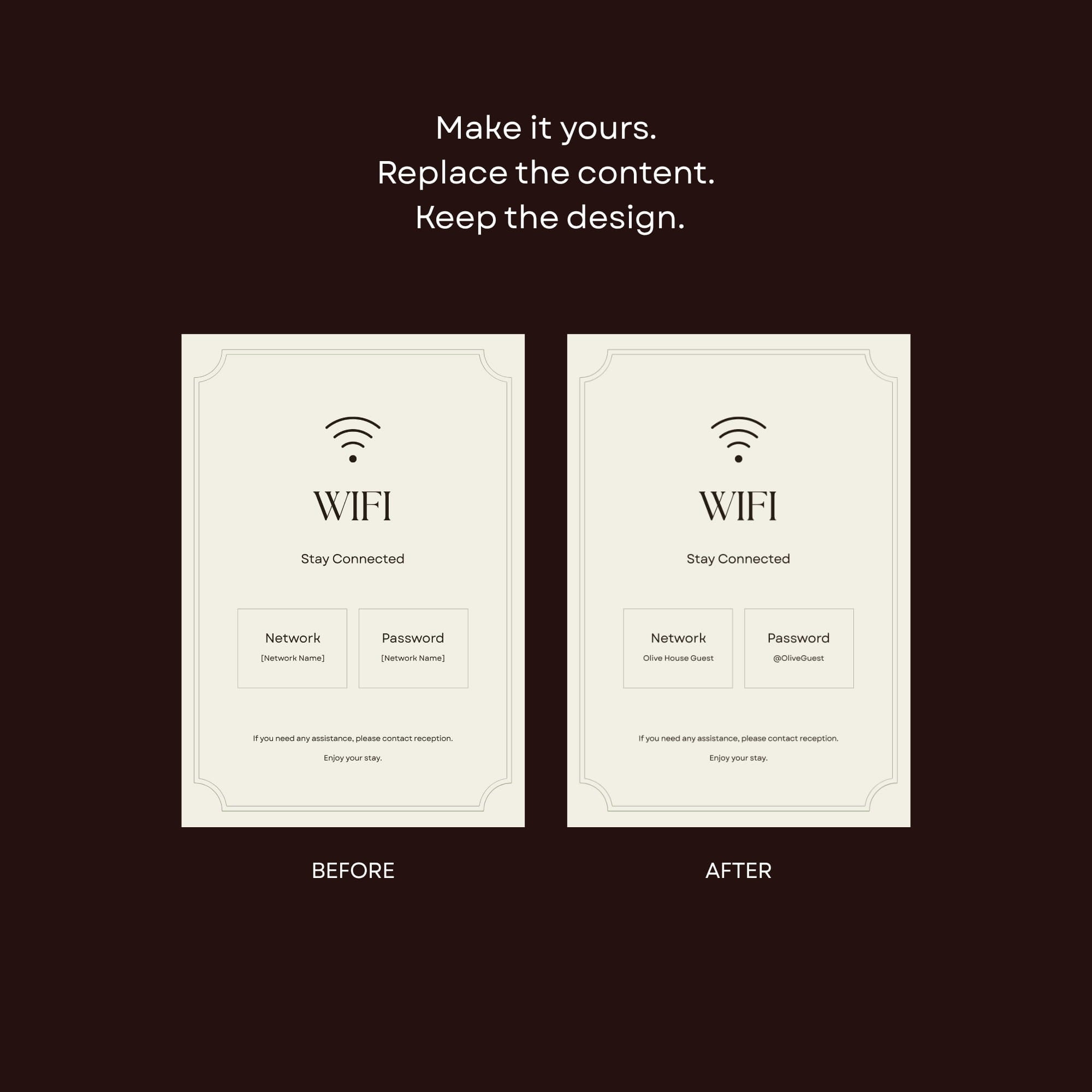 A4 portrait guest WiFi sign for hotel reception or guest rooms.