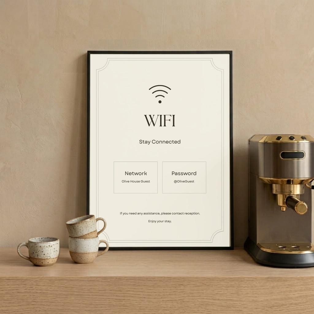 A4 portrait editable WiFi sign template for a boutique hotel.
