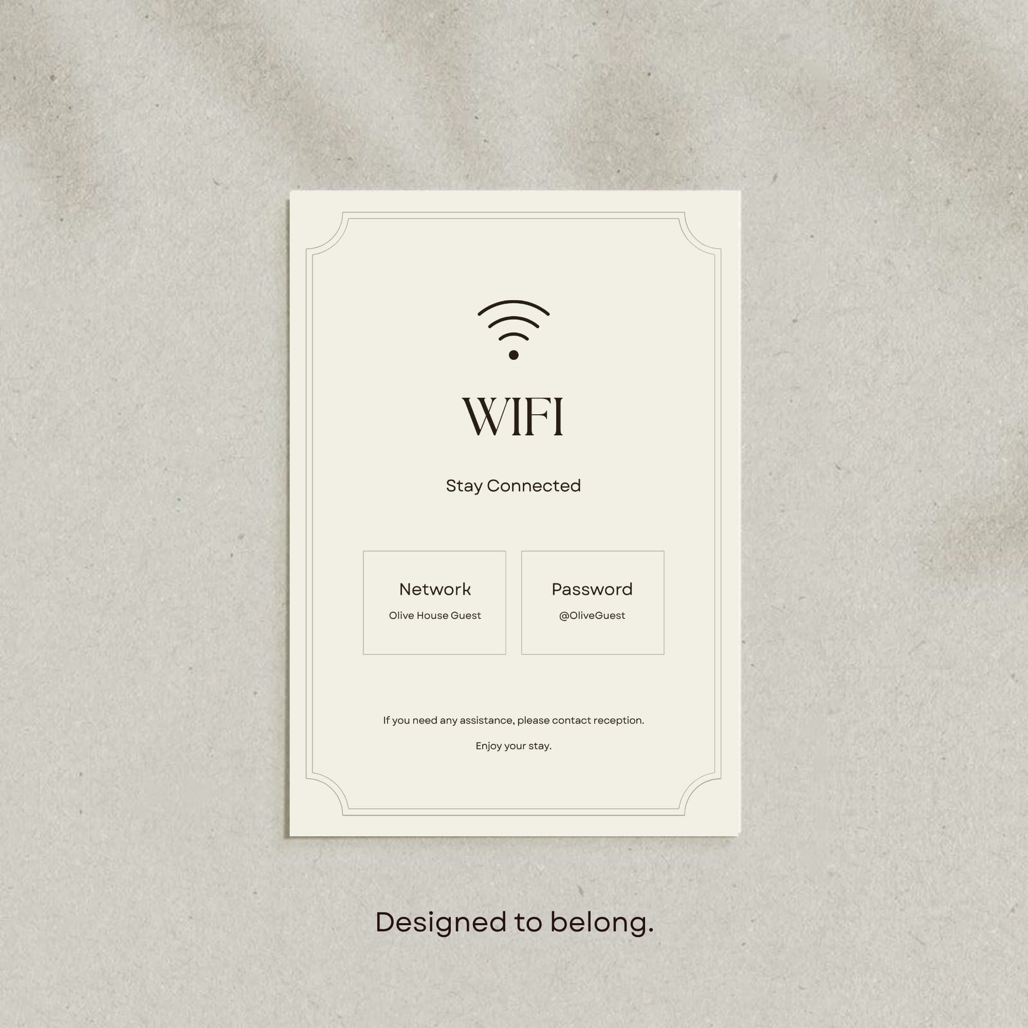 WiFi sign Canva template displaying a customisable network name and password.