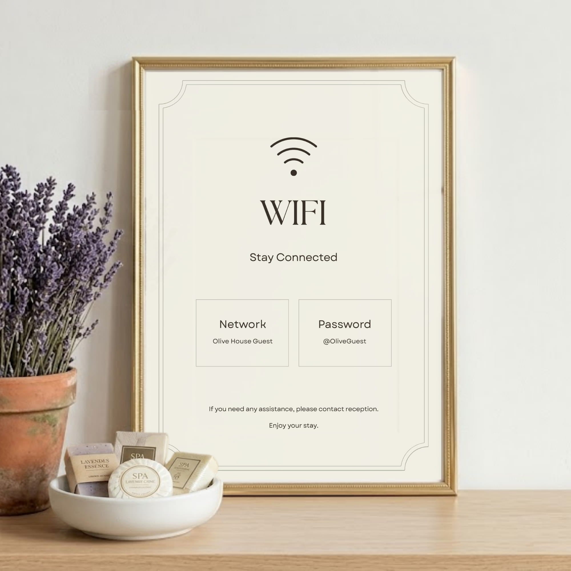 Boutique hotel WiFi sign displayed in a reception area.