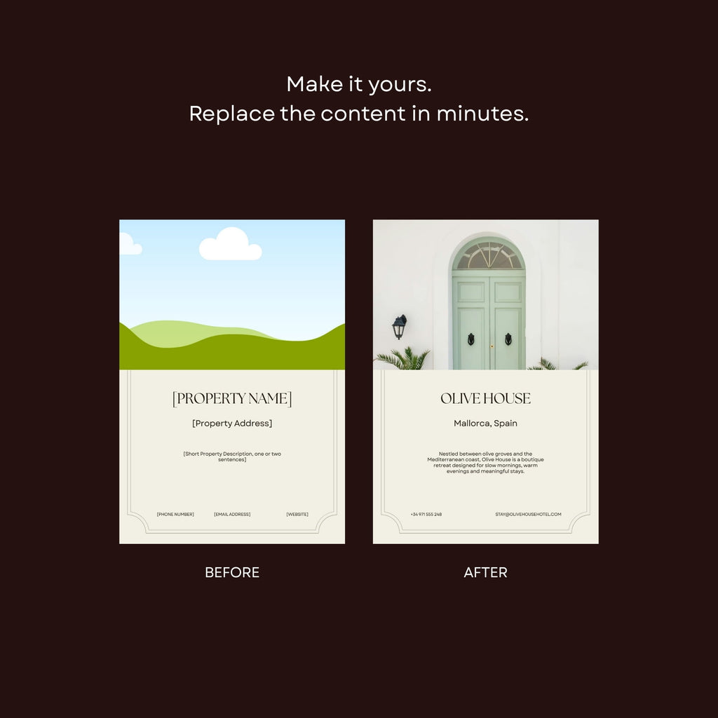 A4 printable Canva templates for boutique hotel guest communication.