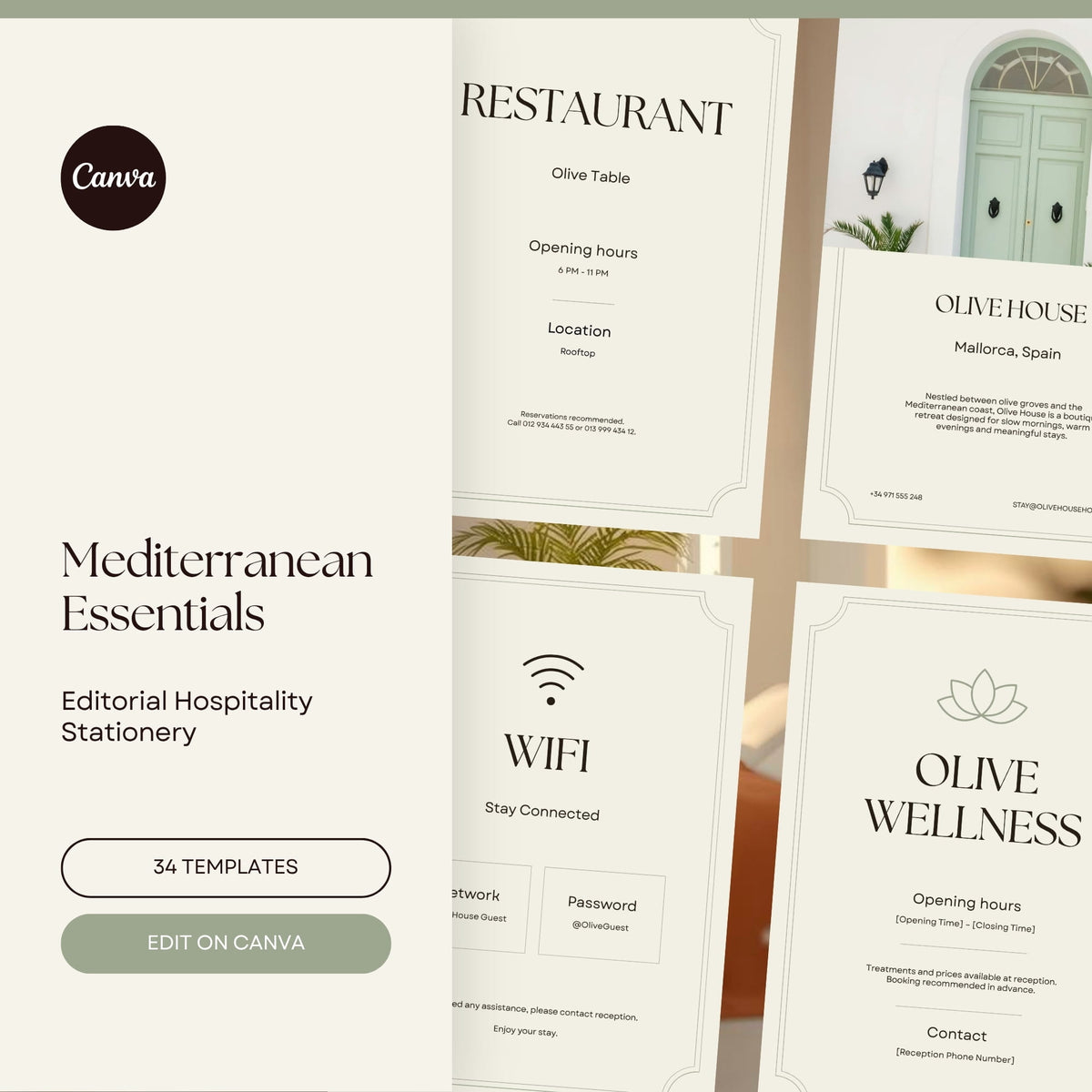 Mediterranean Essentials Bundle with 34 editable Canva templates for boutique hotels.