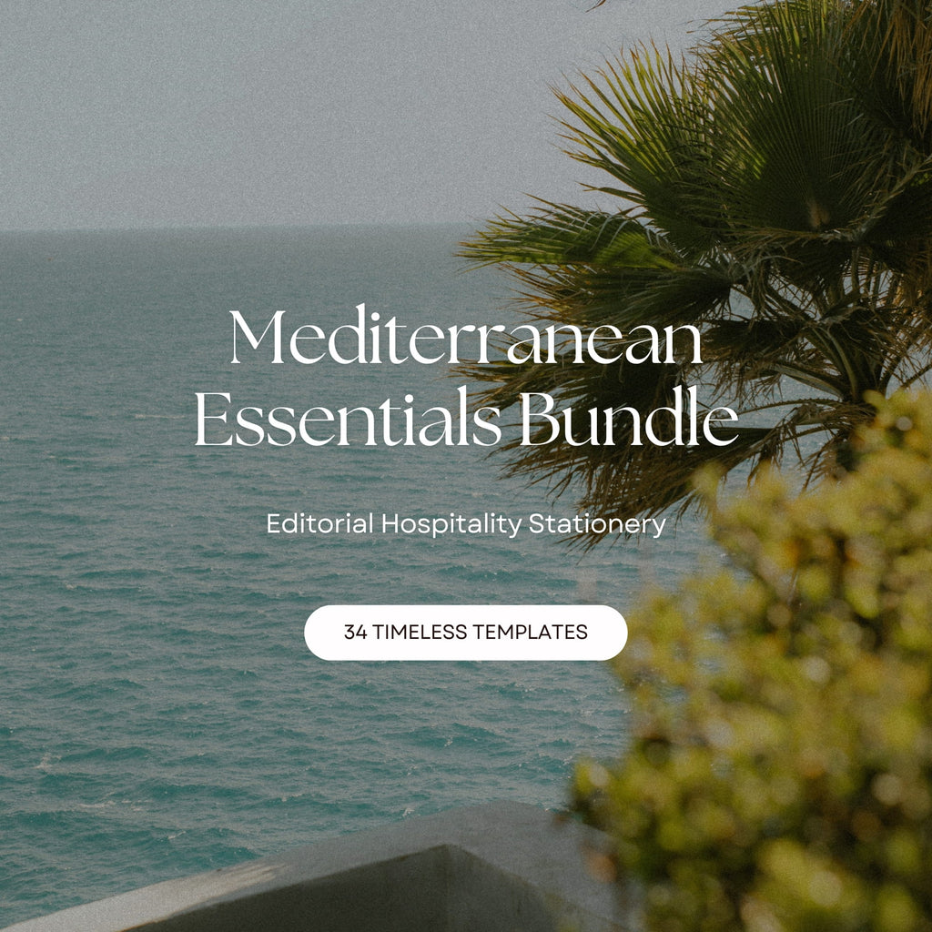 Mediterranean Essentials Bundle with 34 editable Canva templates for boutique hotels.