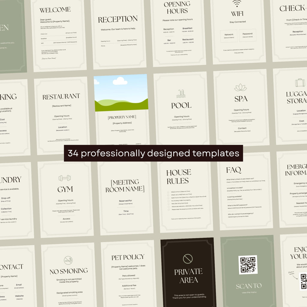Collection of Mediterranean-inspired guest information templates for boutique hotels.