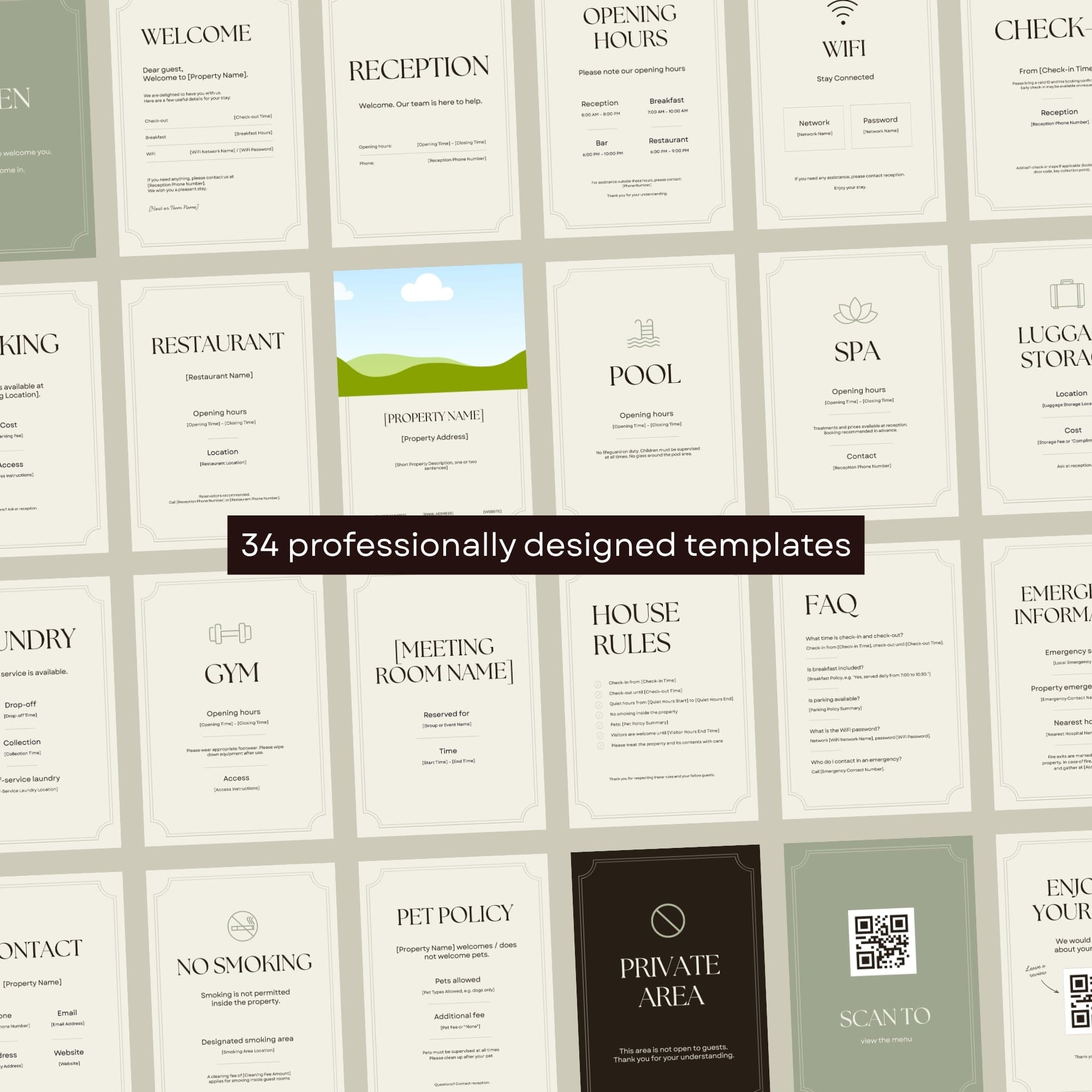 Collection of Mediterranean-inspired guest information templates for boutique hotels.